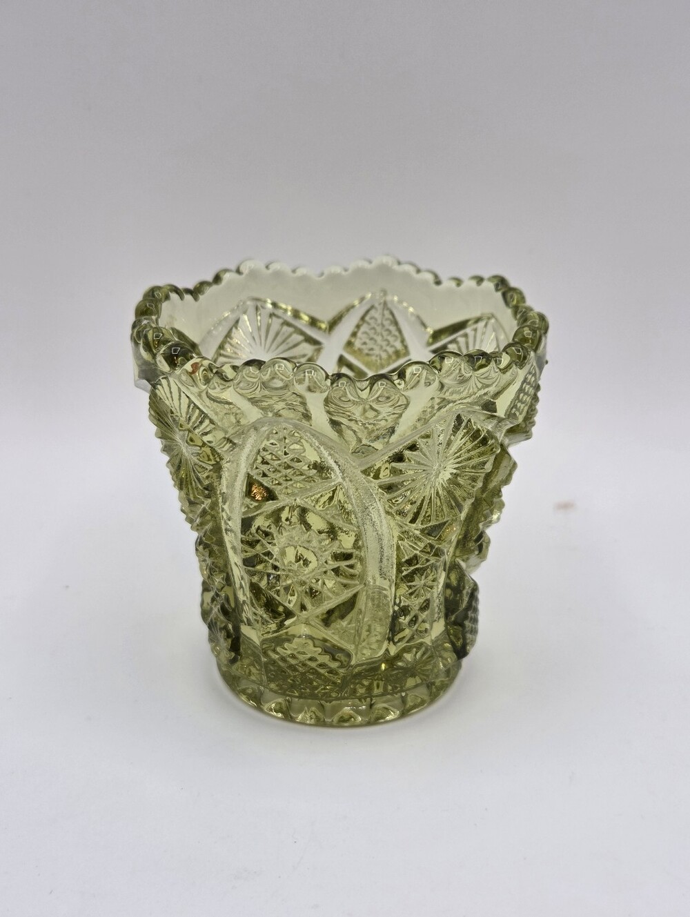 Vintage Imperial Glass Avocado Green Daisy and Button Toothpick Holder